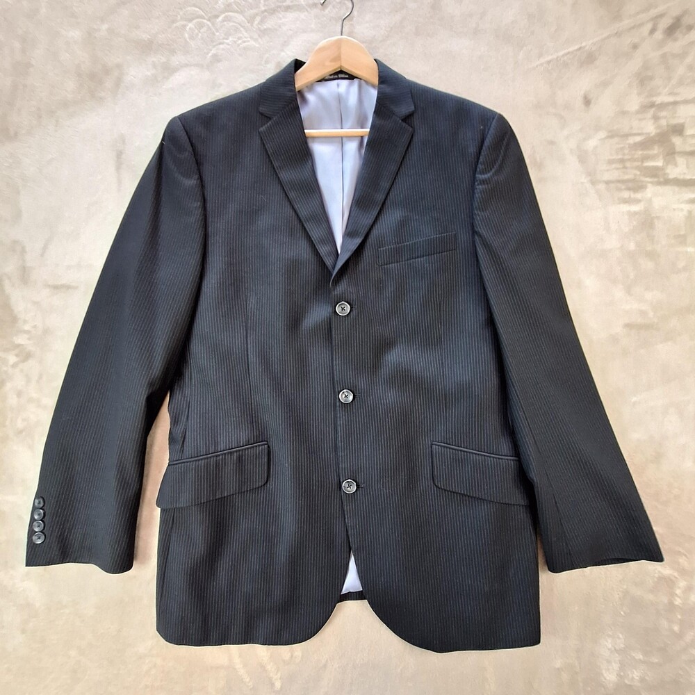Billy London Suit Jacket Mens 42R Black Poly Rayon Stripe Double Vent 3 Btn